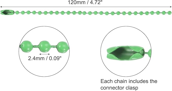 MECCANIXITY 20Pcs 5 Inch 12cm Ball Bead Chain, Metal Ball Chain with Connectors for Hanging Ornament Jewelry Necklace Dog Tag Keychain Christmas Decoration,Green