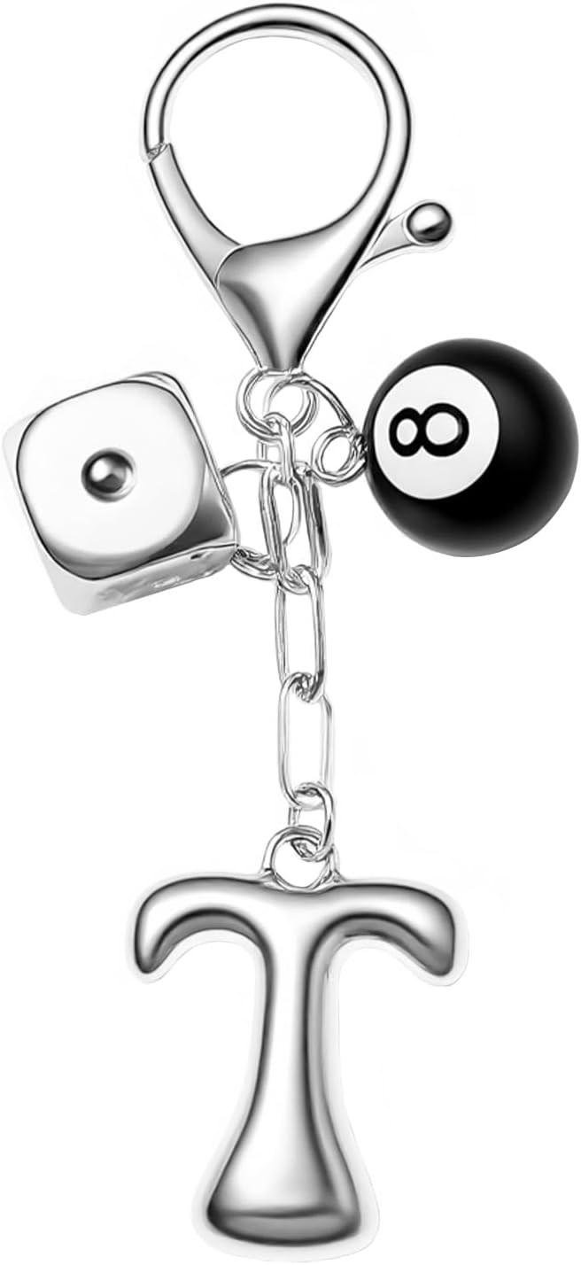 8 Ball Dice Keychain with Silver Bubble Initial - Y2K Aesthetic Cute Bag Purse Charms for Women