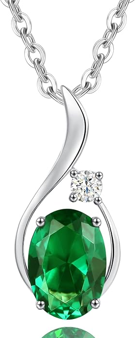 FANCIME 14K Solid White Gold Oval Gemstone Necklace with Diamond Pendant Gifts for Mom Women,16"+2" Inches