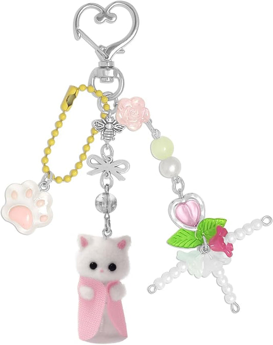 Cute Pink Keychain,Fuzzy Cat Keychain Aesthetic Y2K KeychainStylish KeychainsAccessories