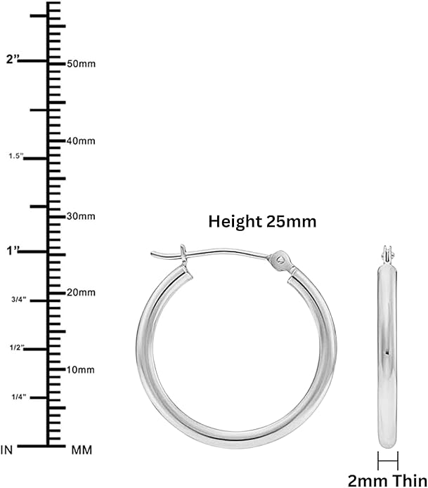 Classic 10K White Gold Hoop Earrings - Shiny Polished Plain Round Gold Hoops for Women and Men