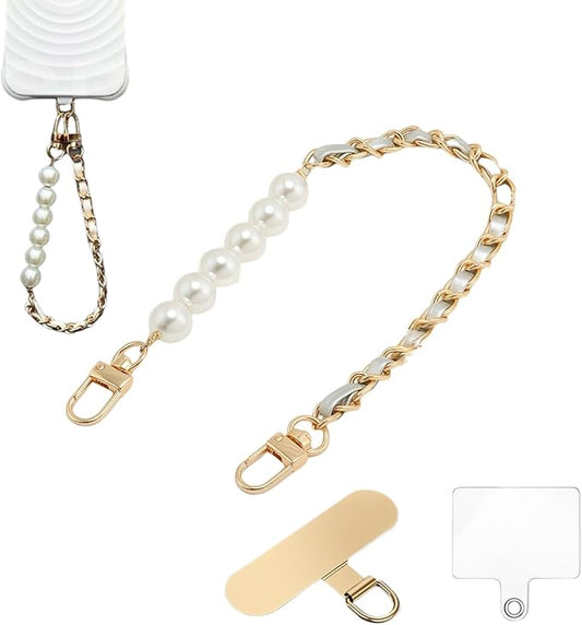 Original Korean Chic Pearl Gold Leather Phone Charm, Versatile with Premium Gold Metal Phone Tab (Lustrous Silver)