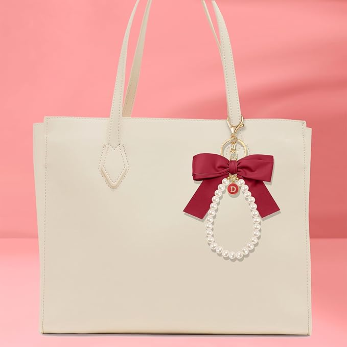 XGALBLA Initial Letter Cute Coquette Bow Keychain for Women, Wristlet Simulated Pearl Keychains Bag Charms for Handbags