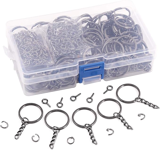Swpeet 450Pcs 1 Inch 25mm Black Flat Key Chain Rings Kit, Including 150Pcs Split Keychain Rings with Chain and 150Pcs Jump Ring with 150Pcs Screw Eye Pins Bulk for Jewelry Findings Making