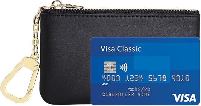Premium Genuine Full Grain Leather Mini Coin Purse Keychain Pouch Card Holder for Men Women (Black)