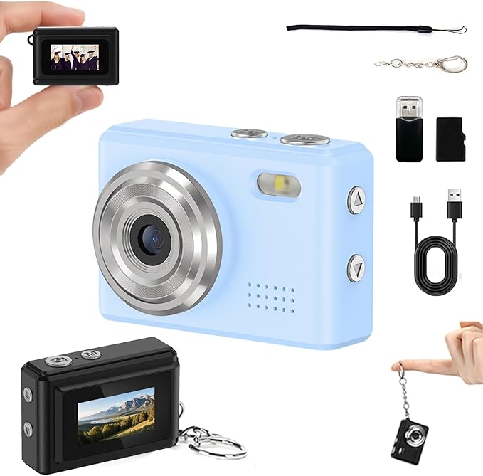 Mini Digital Camera Keychain Tiny Pixel Hd 1080p Retro Keychain Camera Micro Portable That Works Camera for Travel Study Recording (Blue 16G)