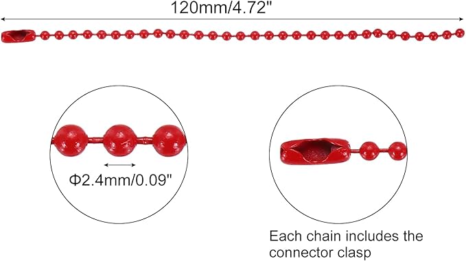 MECCANIXITY 30Pcs 5 Inch Ball Bead Chain, Metal Ball Chain with Connectors for Keychain Hanging Ornament Tag Jewelry Necklace Christmas Decoration,Red