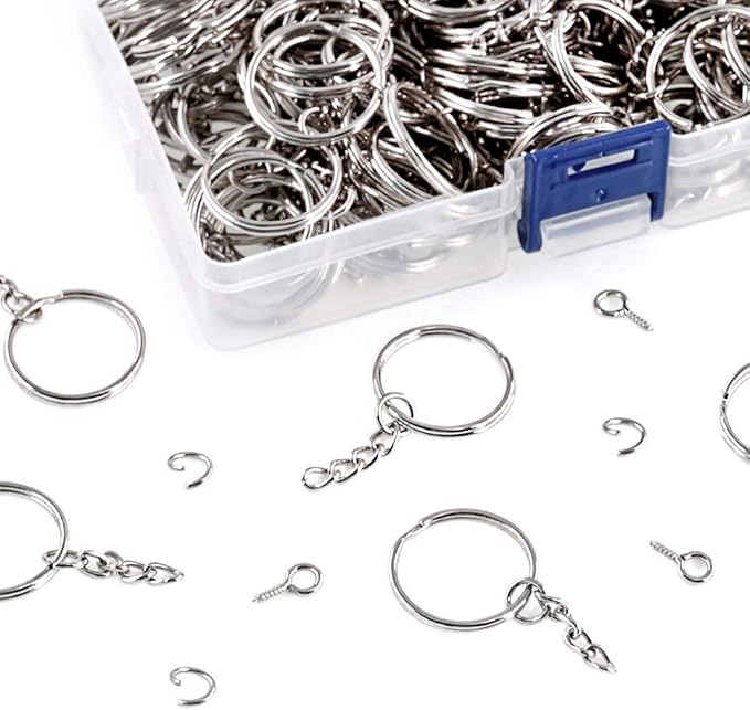 Swpeet 450Pcs 1" 25mm Sliver Key Chain Rings Kit, Including 150Pcs Keychain Rings with Chain and 150Pcs Jump Ring with 150Pcs Screw Eye Pins Bulk for Jewelry Findings Making (Sliver)