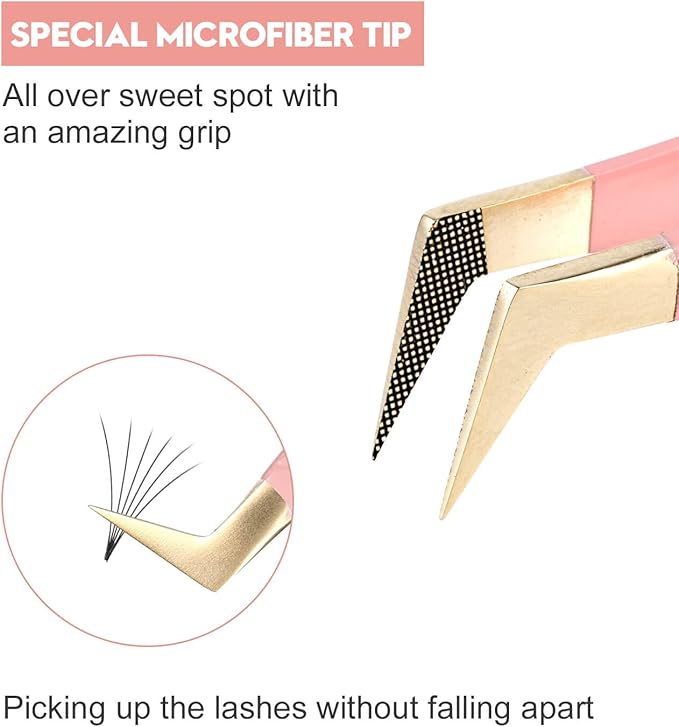 Ms.Queen Eyelash Extension Tweezers Set,Fiber Tip Volume Tweezers Curved 45 90 Degree Angled Tip Lash Tweezers for Mega Volume Mink Lashes