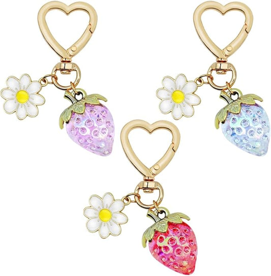 3Pcs Strawberry Keychain, Cute Strawberry Heart-Shaped Flowers Keyrings Daisy Keychain Accessories for Girls Purse (Red Blue Purple)