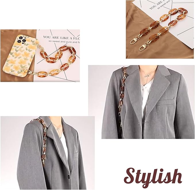 Crapyt Acrylic Handbag Strap Chain 1 PCS Amber Transparent Brown 40cm/15.75" with Metal Buckle for Bag,Purse,Handbag,Notebook,Phone Women Gift DIY
