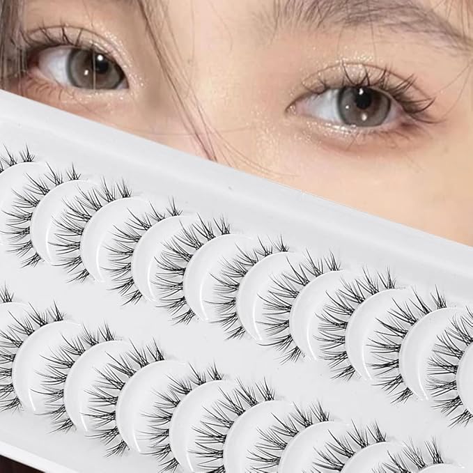Manga Lashes Natural Look Japanese Anime Lashes Korean Asian Wispy Spiky Lashes with Clear Band Short Fake Eyelash 10 Pairs Pack by outopen