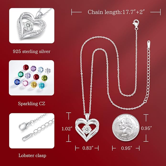 CDE Forever Love Heart Necklaces for Women, Wedding Anniversary, Birthday Mothers Day Christmas Day Gifts for Mom, Mother, Wife, friend, S925 Silver Jewelry with Birthstone Pendant