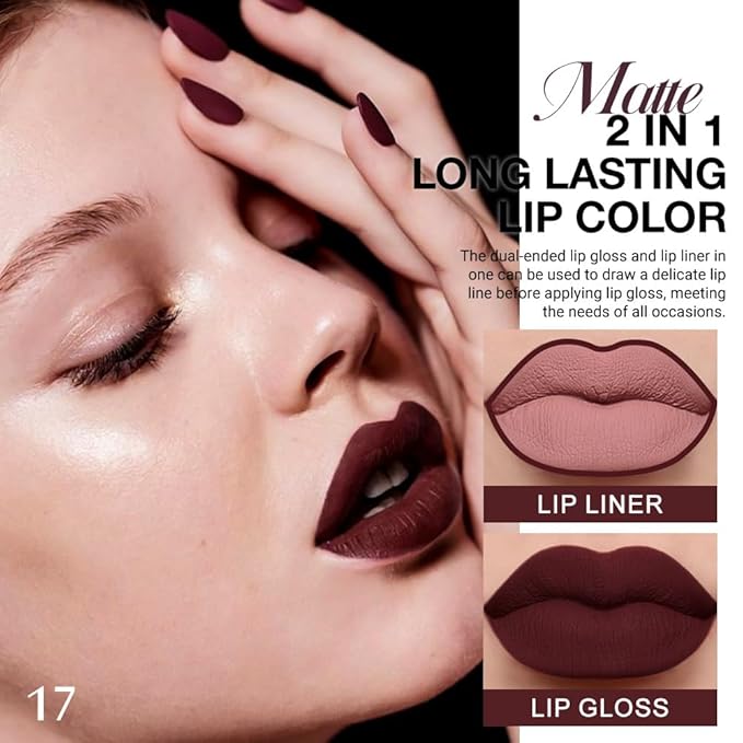 evpct 1Pcs Dark Deep Red Matte Lip Liner and Liquid Lipstick Stain Makeup Set for women, Red Long Lasting Smudge Proof Lipstick labiales matte mate larga duracion listip 24 hours originales,17#