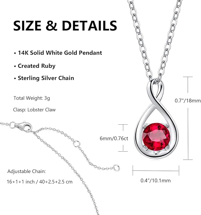 FANCIME 14K Solid Gold Birthstone Pendant with Sterling Silver Chain Infinity Gemstone Necklace Fine Jewelry Anniversary Birthday Christmas Gifts for Women Wife Her
