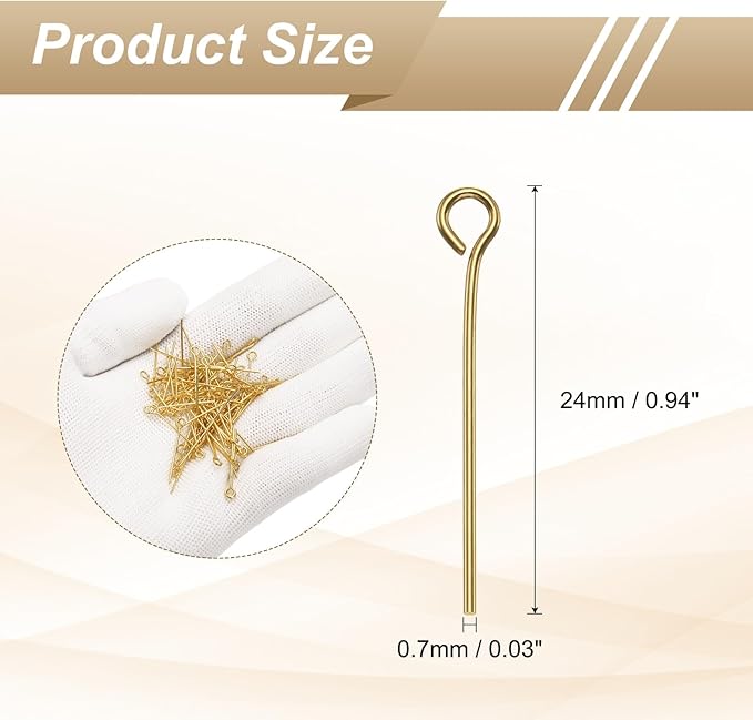 HARFINGTON 100pcs Open Eye Head Pins 0.94" 24mm Mini Metal Wire Eye Pins Beading Small Needles Bulk for Earring Pendant Necklace Bracelet Charm Jewelry Making Findings DIY Craft, 18K Gold