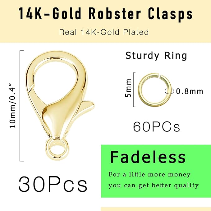 90Pcs Fadeless Lobster Claw Clasps (10mm) & Jump Rings for Jewelry Making, Necklace Bracelet Findings & Supplies (14K Gold Plated)