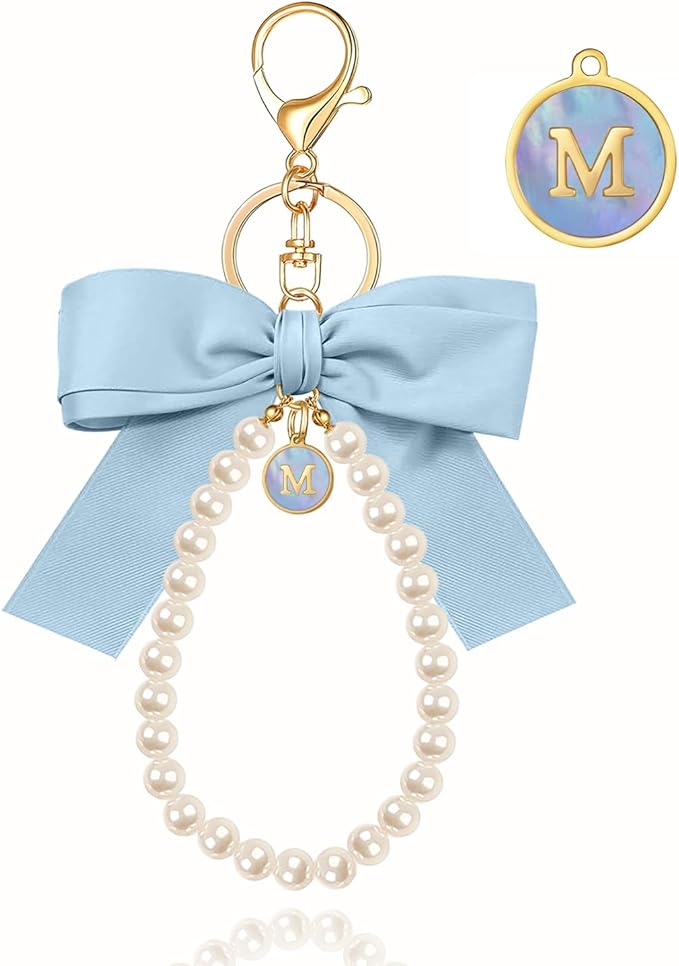 XGALBLA Initial Letter Cute Coquette Bow Keychain for Women, Wristlet Simulated Pearl Keychains Bag Charms for Handbags