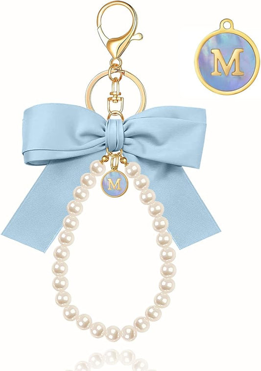 XGALBLA Initial Letter Cute Coquette Bow Keychain for Women, Wristlet Simulated Pearl Keychains Bag Charms for Handbags