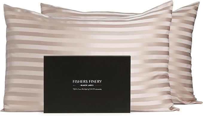 Fishers Finery 30mm 100% Pure Mulberry Silk Pillowcase Set, Quality Tested (Taupe Stripe, King, 2 Pack)