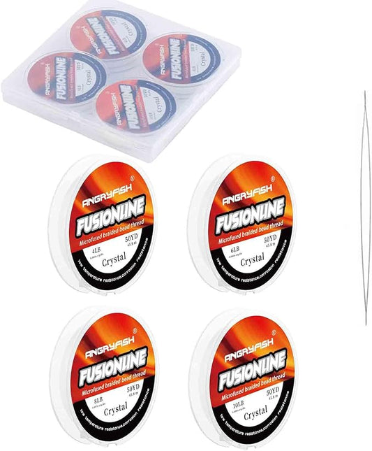 ANGRYFISH Fusionline Micro-Fused Braided Thread,Unbelievably High Tensile Strength,Not Stretch,Super Strong Stringing Material for Bracelet (Crystal, 4lb+6lb+8lb+10lb(4 Pack))