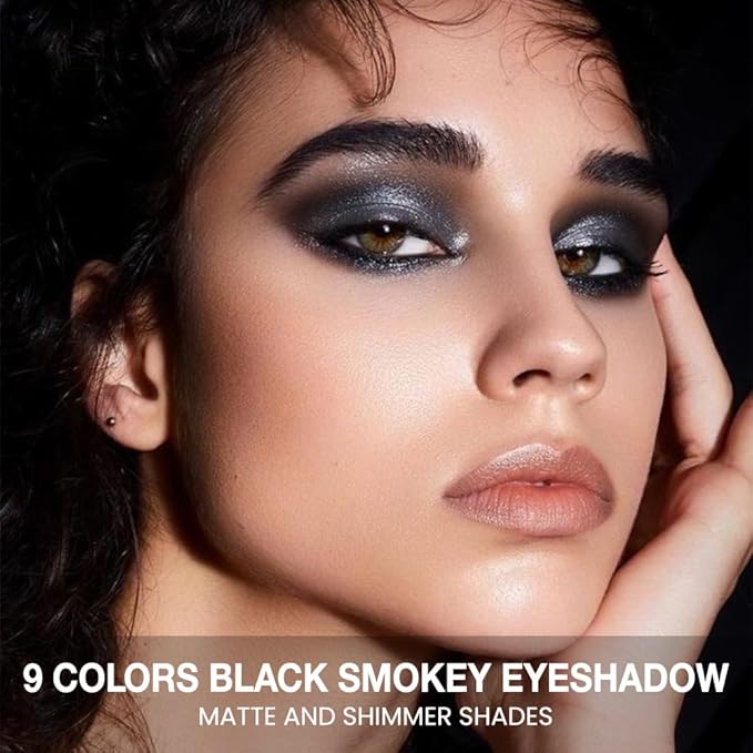 evpct 9 Colors Silver Gray Glitter Eyeshadow Palette, Black Smokey Grey and Silver White Sparkle Glitter Shimmer Shiny Eye Shadow Palette Makeup for older Women, Goth Gothic Highly Pigmented Eyeshadow