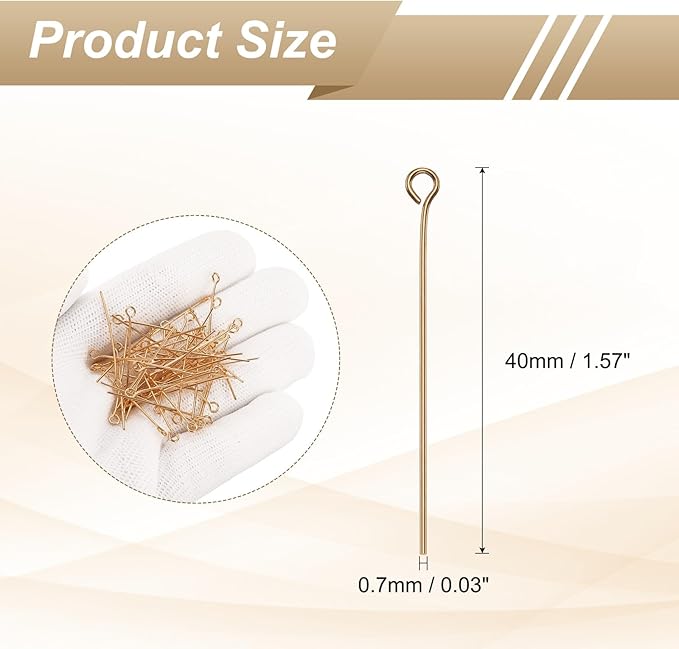 HARFINGTON 100pcs Open Eye Head Pins 1.57" 40mm Mini Metal Wire Eye Pins Beading Small Needles Bulk for Earring Pendant Necklace Bracelet Charm Jewelry Making Findings, Champagne Gold