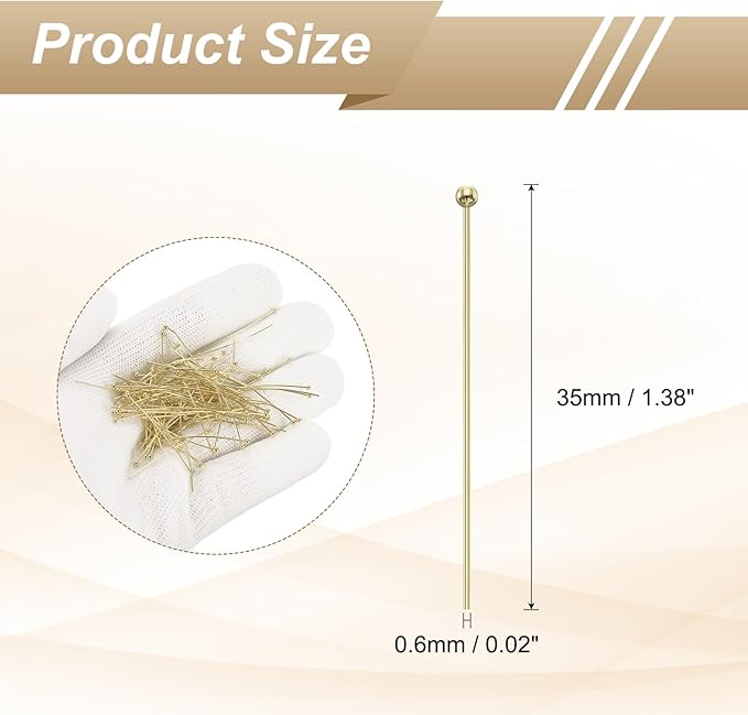 HARFINGTON 100pcs Ball Head Pins 1.38" 35mm Round Head Pins for Earring Pendant Necklace Bracelet Charm Jewelry Making Findings DIY Craft, 14K Gold