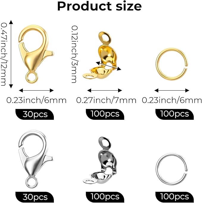460 Pcs Bracelet Clasps and Closures Lobster Claw Clasps for Keychains Bead Tips Knot Covers Guage Open Jump Ring Brooch Necklace Bracelet DIY Set for Jewelry Making Supplies Bracelets (Gold, Silver)