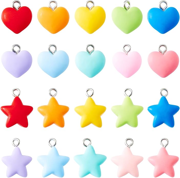 Resin Love Heart Star Flower Charms Colorful Heart Floral Pentagram Pendants Cute Hang Ornament for DIY Crafts Necklace Bracelet Keychain Jewelry Making