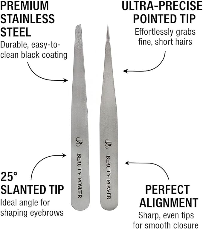 Beauty Power Professional Tweezers Set – Slant & Point, Ultra Precision German Stainless Steel Tweezers for Eyebrows, Chin, Ingrown Hair & Facial Grooming – Lightweight with Travel Case (Matte Grey)