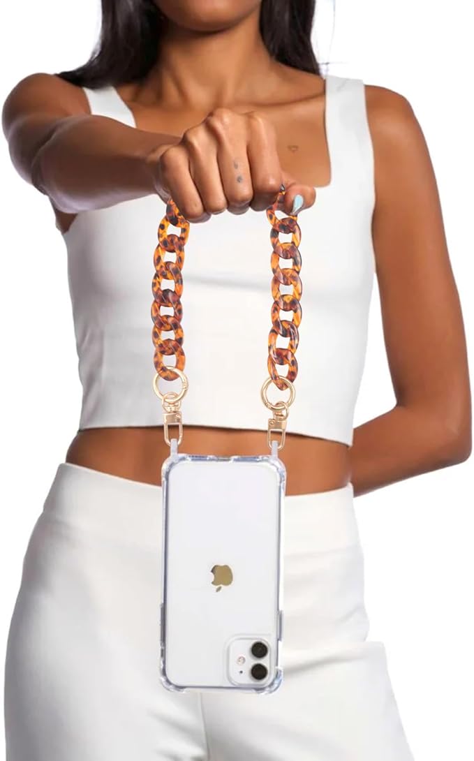 15.7"/40cm Vintage Acrylic Resin Chain Short Thick Resin Purse Shoulder Strap, Amber Color Leopard Print with Buckle