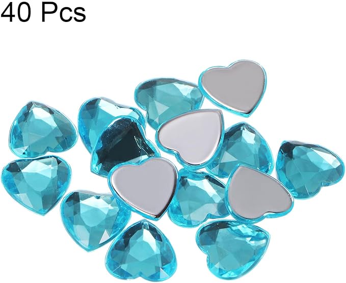 MECCANIXITY 40 Pcs Acrylic Heart Rhinestone 15mm Flat Back Plastic Gems Jewelry Stickers for Craft Bead Face Painting Costume Jewelry Making, Lake Blue