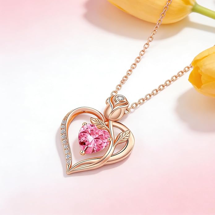 1.2CT Rose Heart Necklace Option of Moissanite or Lab-Grown Sapphire Ruby Emerald&More Necklace for Women Birthstone Girlfriend Necklace S925 Sterling Silver 18K White/Rose Gold Plated D Color VVS1 Gift for Wife Mother Daughter for Birthday Anniversary...