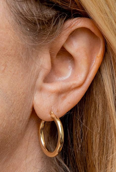 14K Yellow Gold Classic Real Hoop Earrings, (3mm Thick Tube)