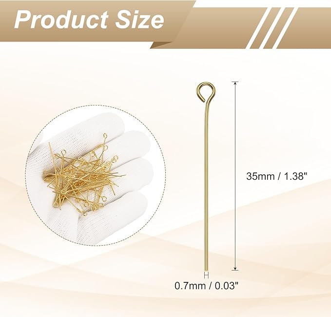 HARFINGTON 100pcs Open Eye Head Pins 1.38" 35mm Mini Metal Wire Eye Pins Beading Small Needles Bulk for Earring Pendant Necklace Bracelet Charm Jewelry Making Findings DIY Craft, 18K Gold