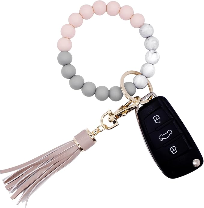BIHRTC Key Ring Bracelet Car Keychain Holder Wristlet Silicone Women Beaded Bangle Chains