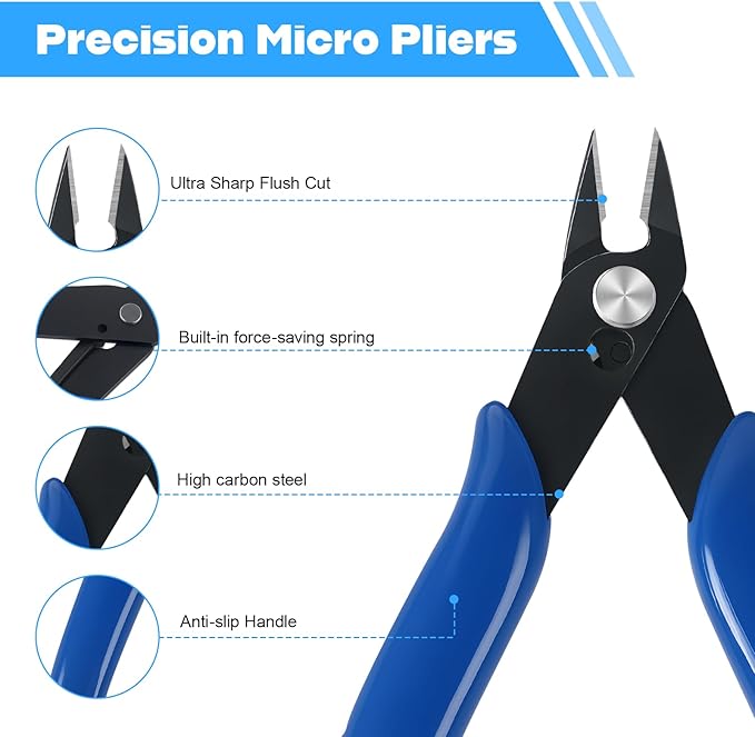 QBY Micro 170 Wire Cutters, 5'' Precision Flush Cutters with Spring, Diagonal Side Cutting Pliers for Jewelry Making, 3D Printing, Electronics, Crafting and Plastic Models, Blue, 2 Pack