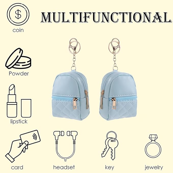 1 Pc Blue Mini Backpack Keychain for Women,Cute Small Cosmetic Bag,PU Leather Makeup Bag Key Pocket Lipstick Bag Card Holder Data Cable Organizer Zipper Pouch