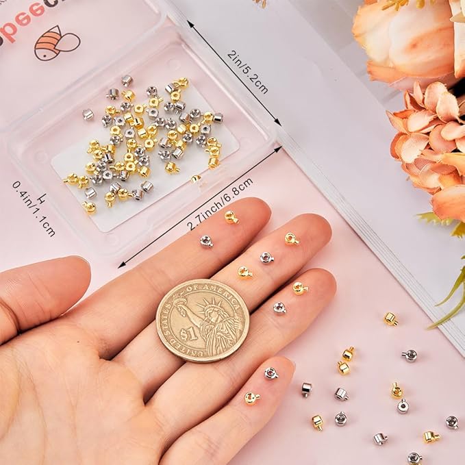 Beebeecraft 100Pcs 18K Gold Plated Brass Crimp Beads Charms Gold Silver Loose Rondelle Spacer Beads 4.5x3.5mm Metal Beading Findings for DIY Jewelry Making