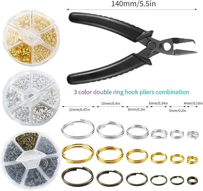 FSWCCK Split Rings for Jewelry Making, 2070 PCS Double Loops Split Jump Ring with Ring Pliers, Mini Metal Ring Pliers Connectors 4mm to12mm and DIY Crafts, Silver, Gold and Bronze