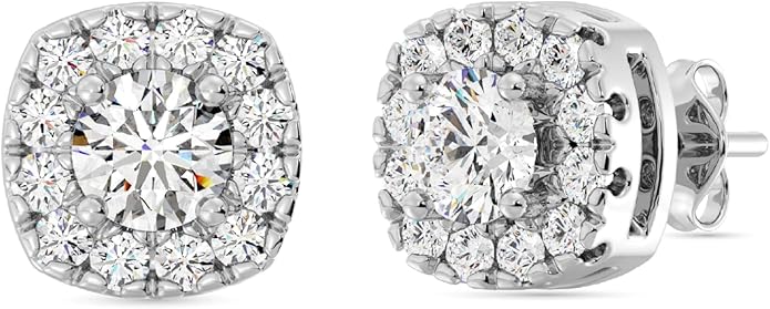 Gilded Lab-Grown Diamond Sterling Silver and 14KT Yellow Gold Plated Silver Stud Earrings for Women | Cushion Halo Shaped Studs | Hypoallergenic Fine Jewelry | Prong Setting, Push Back Nut | SI1 Clarity, F Color 1/4, 1/2, ,1 Carat Total Weight