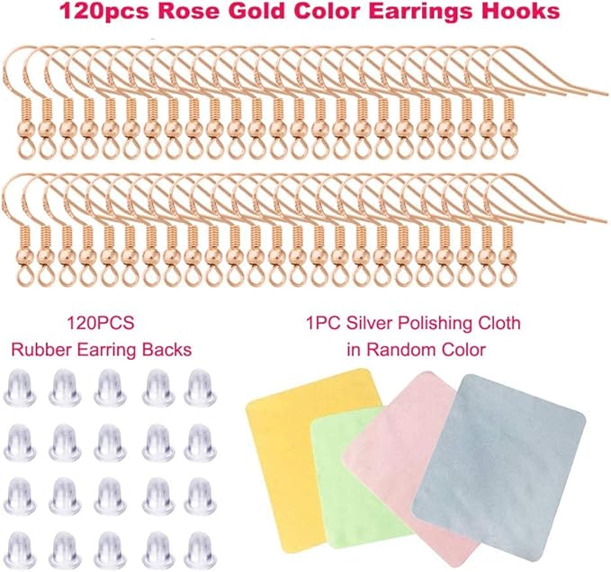 Rose Gold Earring Hooks - 120 PCS/60 Pairs Hypo-allergenic Rose Gold Plated Ear Wires Fish Hooks for Jewelry Making, Jewelry Findings Parts with 120 PCS Rubber Earring Backs Stopper for DIY Earrings