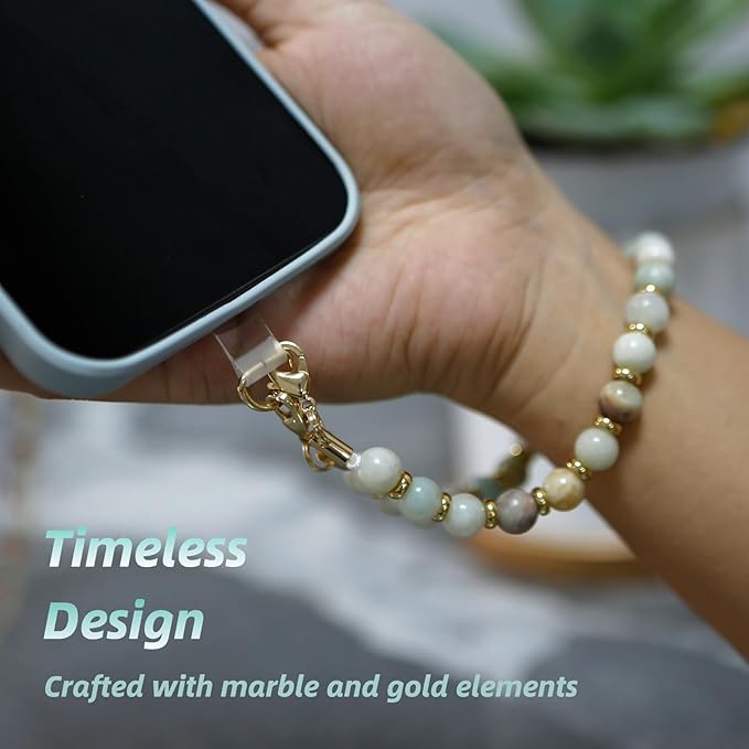 Marble Beaded Phone Wrist Strap,Detachable Phone Bracelet Strap with Tether Tab,Hands-Free Wristlet Strap (Amazonite)