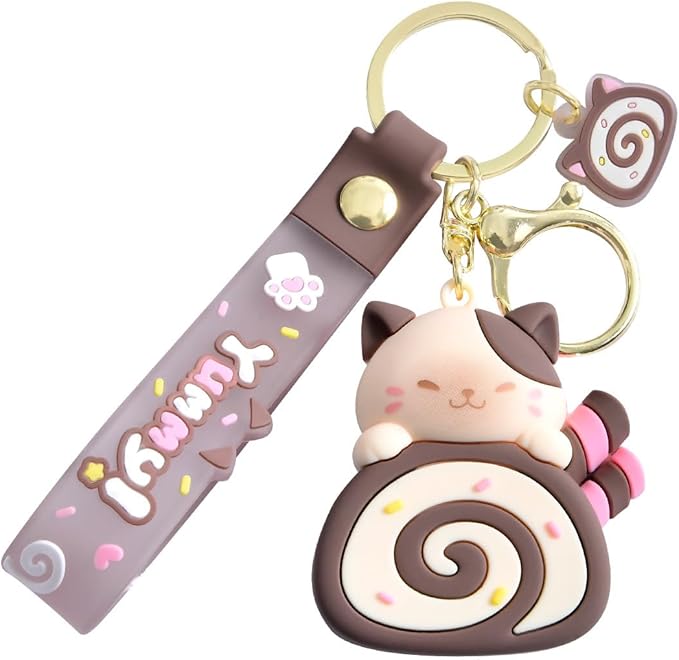 Girly Super Cute Lovely Pink Brown Swiss Roll Bread Cake Cat Kitty Panda Keychain Key Ring Bag Charm Pendant