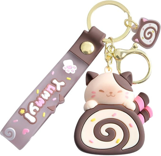 Girly Super Cute Lovely Pink Brown Swiss Roll Bread Cake Cat Kitty Panda Keychain Key Ring Bag Charm Pendant