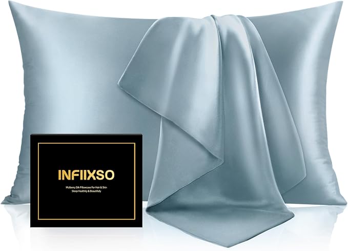 INFIIXSO Mulberry Silk Pillowcase for Hair and Skin, Silk Pillow Cases Queen Size with Hidden Zipper 20"x30", Extraordinary Smooth and Soft Cooling Pillow Cases for Hot Sleepers(Airy Blue, 1 Pack)
