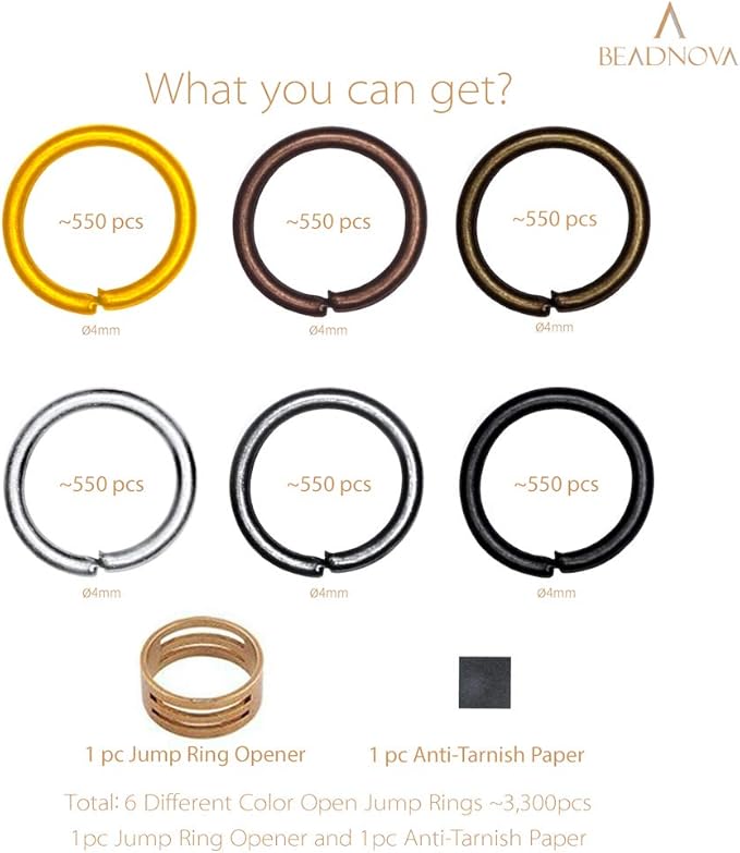 BEADNOVA 4mm Open Jump Rings for Jewelry Making Assorted Colors Jump Rings for Keychain (3300Pcs)