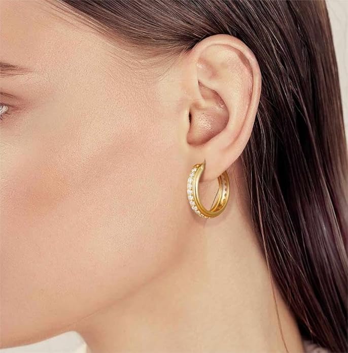 CHLOÉ LOVETT Gold Hoop Earrings 14K Gold Hoop Earrings for Women Inlaid With Circle of Zircon Zirconia Hoops Earring 25mm