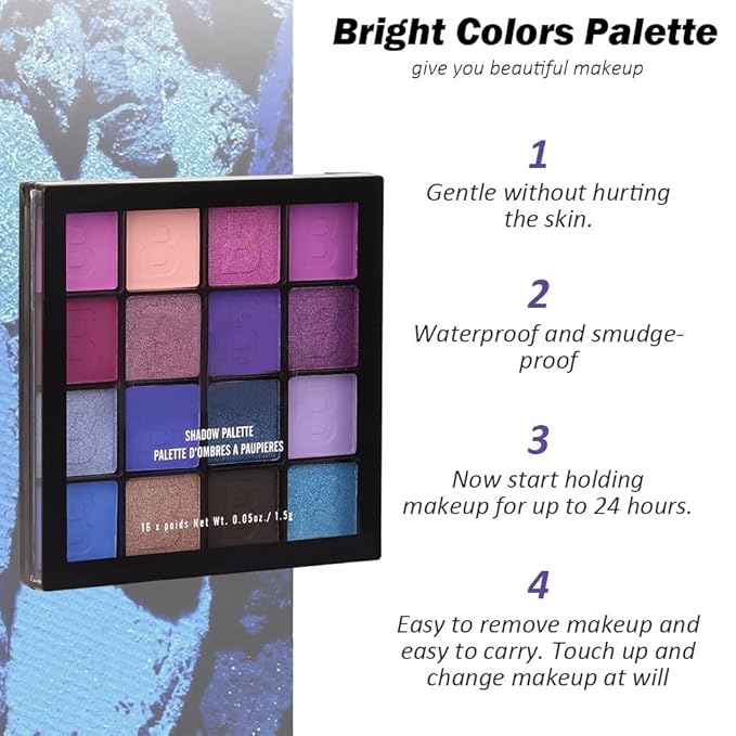 evpct 16 Colors Glitter Shimmer Matte Light Navy Blue Purple Pink Eyeshadow Makeup Palette Pallet Waterproof Highly Pigmented Smokey Pressed Sparkly Shiny Eye Shadow paletas de sombras para de ojos